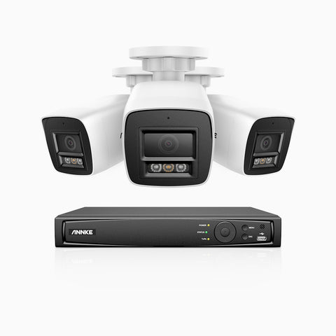 H800 - Kit de 3 cámaras de vigilancia PoE de 4K con videograbador NVR de 4 canales, Visión nocturna a color e infrarrojos, detección de humanos y vehículos, micrófono integrado, ángulo de visión 96º