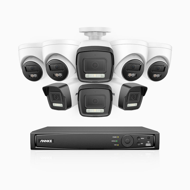 AH500 - Kit de vigilancia PoE de 3K con 4 cámara bullet y 4 cámara domo y videograbador NVR de 16 canales, Resolución 3072*1728, Apertura f / 1.6 (0.005 Lux), Detección de humanos y vehículos, Micrófono incorporado, IP67