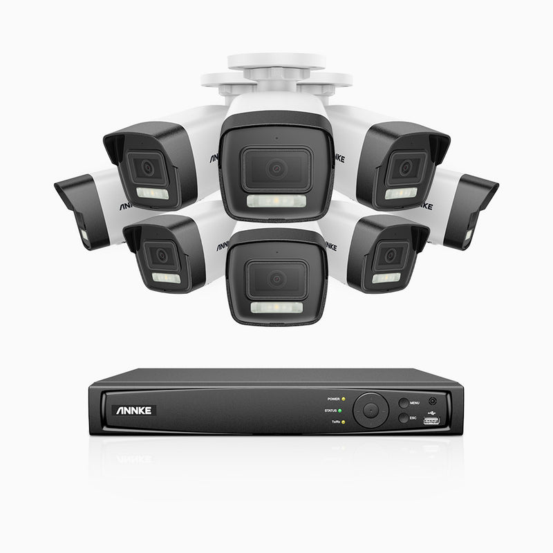 AH500 - Kit de 8 cámaras de vigilancia PoE de 3K con videograbador NVR de 16 canales, Resolución 3072*1728, Apertura f / 1.6 (0.005 Lux), Detección de humanos y vehículos, Micrófono incorporado, IP67