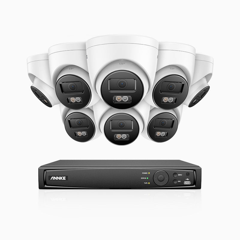 AH500 - Kit de 8 cámaras de vigilancia PoE de 3K con videograbador NVR de 16 canales, Resolución 3072*1728, Apertura f / 1.6 (0.005 Lux), Detección de humanos y vehículos, Micrófono incorporado, IP67