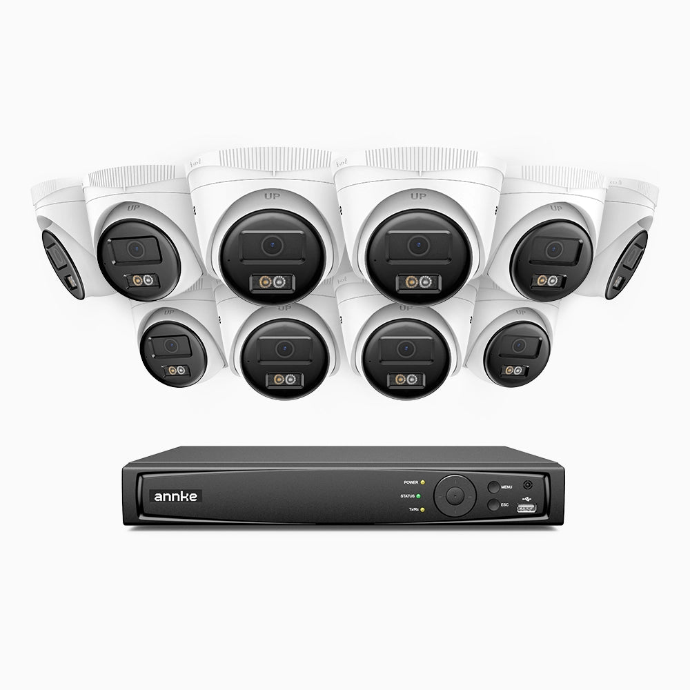 H500 - Kit de 10 cámaras de vigilancia PoE de 3K con videograbador NVR de 16 canales, Visión nocturna inteligente de doble luz, 3072 × 1728 a 20 fps, detección inteligente de personas y vehículos, micrófono integrado, IP67
