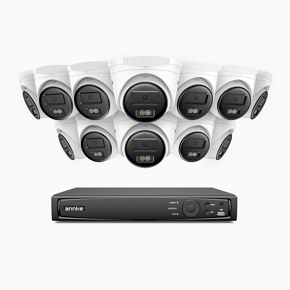 H500 - Kit de 12 cámaras de vigilancia PoE de 3K con videograbador NVR de 16 canales, Visión nocturna inteligente de doble luz, 3072 × 1728 a 20 fps, detección inteligente de personas y vehículos, micrófono integrado, IP67