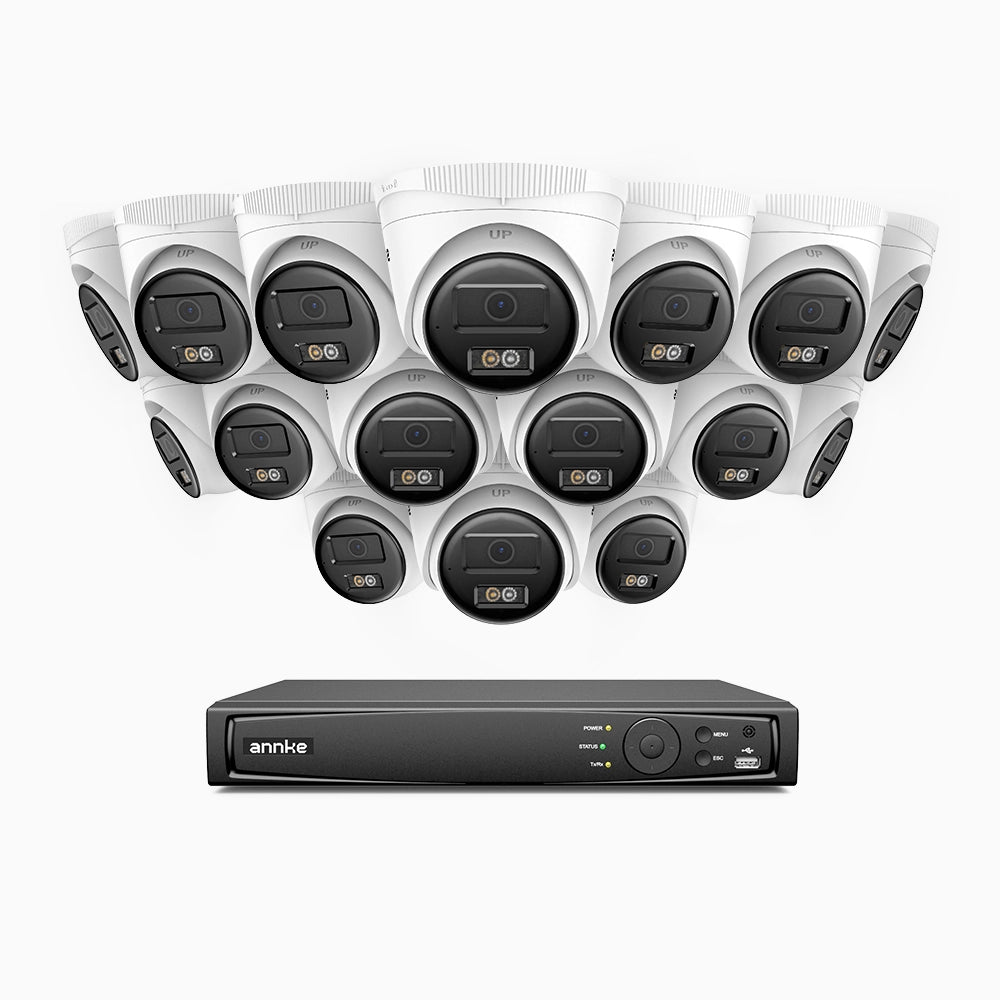 H500 - Kit de 16 cámaras de vigilancia PoE de 3K con videograbador NVR de 16 canales, Visión nocturna inteligente de doble luz, 3072 × 1728 a 20 fps, detección inteligente de personas y vehículos, micrófono integrado, IP67