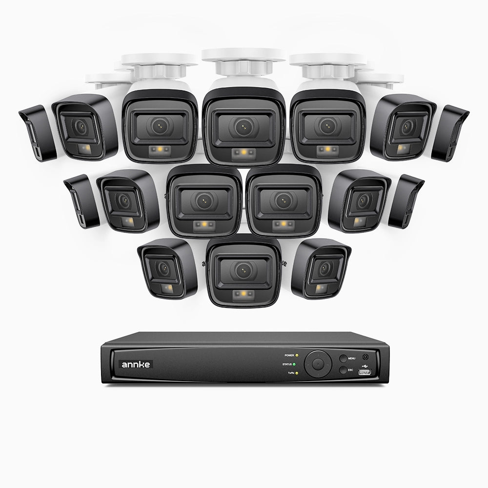 H500 - Kit de 16 cámaras de vigilancia PoE de 3K con videograbador NVR de 16 canales, Visión nocturna inteligente de doble luz, 3072 × 1728 a 20 fps, detección inteligente de personas y vehículos, micrófono integrado, IP67
