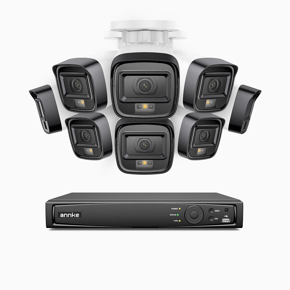 H500 - Kit de 8 cámaras de vigilancia PoE de 3K con videograbador NVR de 16 canales, Visión nocturna inteligente de doble luz, 3072 × 1728 a 20 fps, detección inteligente de personas y vehículos, micrófono integrado, IP67
