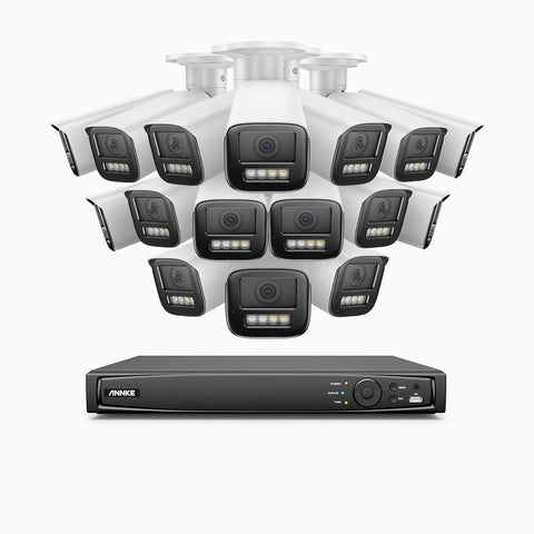 AZH800 - Kit de 16 cámaras de vigilancia PoE de 4K con videograbador NVR de 16 canales, zoom óptico 4X, doble luz visión nocturna, detección de movimiento 2.0, Micrófono incorporado, alarma de sirena y estroboscópica
