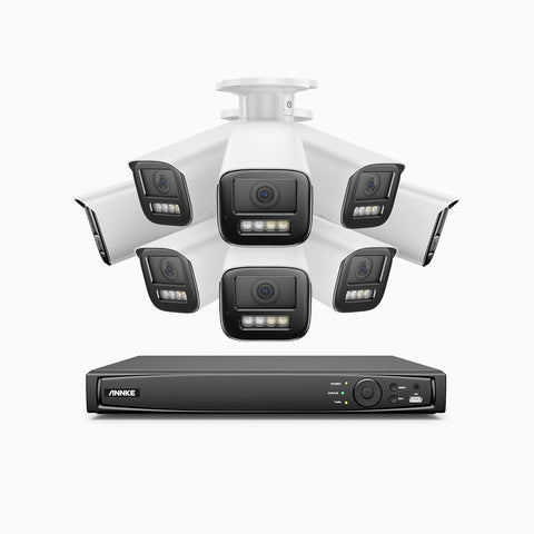 AZH800 - Kit de 8 cámaras de vigilancia PoE de 4K con videograbador NVR de 16 canales, zoom óptico 4X, doble luz visión nocturna, detección de movimiento 2.0, Micrófono incorporado, alarma de sirena y estroboscópica