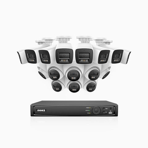 H1200 - 4K 12MP 16 Channel PoE Security System with 8 Bullet & 8 Turret Cameras, Color & IR Night Vision, Human & Vehicle Detection, H.265+, Built-in Microphone, Max. 512 GB Local Storage, IP67