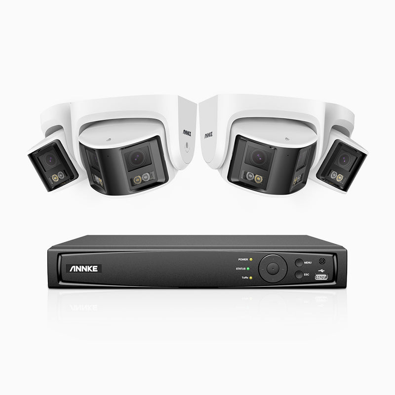 FDH600 - Kit de 4 cámaras de vigilancia PoE de 6MP con videograbador NVR de 8 canales, panorámica doble lente, súper apertura de f/1,2, visión nocturna en color, detección de humanos y vehículos, micrófono incorporado