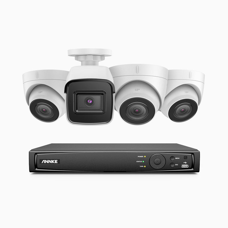 H800 - Kit de vigilancia PoE 4K con 1 cámara bullet y 3 cámara domo y videograbador NVR de 8 canales, detección de humanos y vehículos, micrófono integrado, visión nocturna EXIR 2.0, ángulo de visión 123º