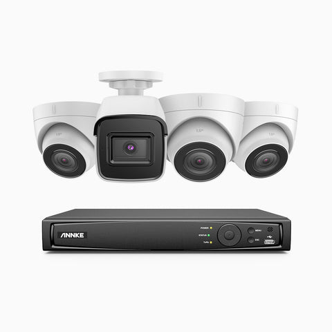 H800 - Kit de vigilancia PoE 4K con 1 cámara bullet y 3 cámara domo y videograbador NVR de 8 canales, Visión nocturna a color e infrarrojos, detección de humanos y vehículos, micrófono integrado, ángulo de visión 96º