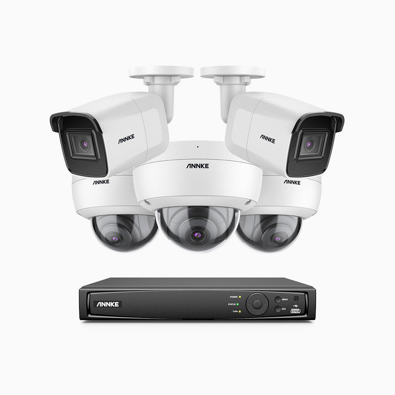 H800 - Kit de vigilancia PoE 4K con 2 cámaras bullet y 3 cámaras domo (antivándalica IK10) y videograbador NVR de 8 canales, detección de humanos y vehículos, micrófono integrado, visión nocturna EXIR 2.0, ángulo de visión 123º