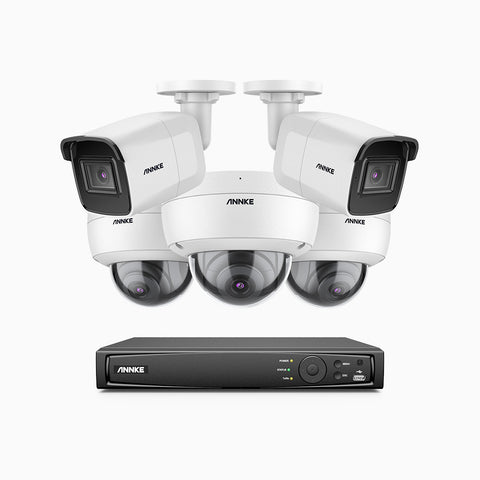 H800 - Kit de vigilancia PoE 4K con 2 cámaras bullet y 3 cámaras domo (antivándalica IK10) y videograbador NVR de 8 canales, Visión nocturna a color e infrarrojos, detección de humanos y vehículos, micrófono integrado, ángulo de visión 96º