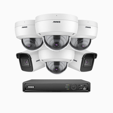 H800 - Kit de vigilancia PoE 4K con 2 cámaras bullet y 4 cámaras domo (antivándalica IK10) y videograbador NVR de 8 canales, Visión nocturna a color e infrarrojos, detección de humanos y vehículos, micrófono integrado, ángulo de visión 96º