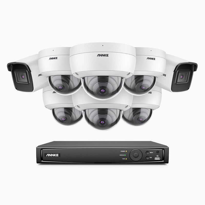 H800 - Kit de vigilancia PoE 4K con 2 cámaras bullet y 6 cámaras domo (antivándalica IK10) y videograbador NVR de 8 canales, detección de humanos y vehículos, micrófono integrado, visión nocturna EXIR 2.0, ángulo de visión 123º