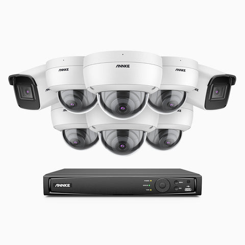 H800 - Kit de vigilancia PoE 4K con 2 cámaras bullet y 6 cámaras domo (antivándalica IK10) y videograbador NVR de 8 canales, Visión nocturna a color e infrarrojos, detección de humanos y vehículos, micrófono integrado, ángulo de visión 96º