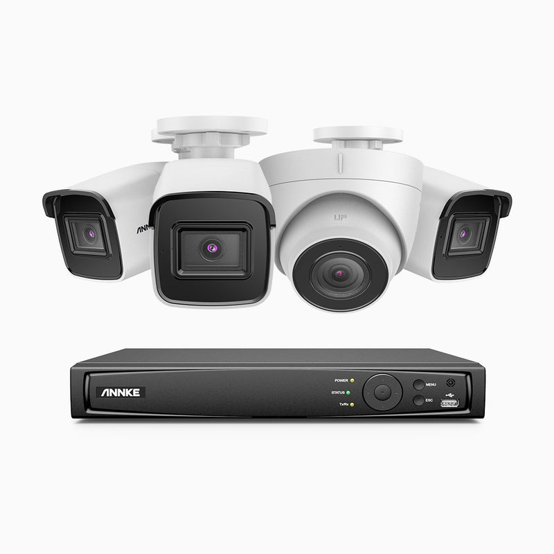 H800 - Kit de vigilancia PoE 4K con 3 cámaras bullet y 1 cámaras domo y videograbador NVR de 8 canales, Visión nocturna a color e infrarrojos, detección de humanos y vehículos, micrófono integrado, ángulo de visión 96º