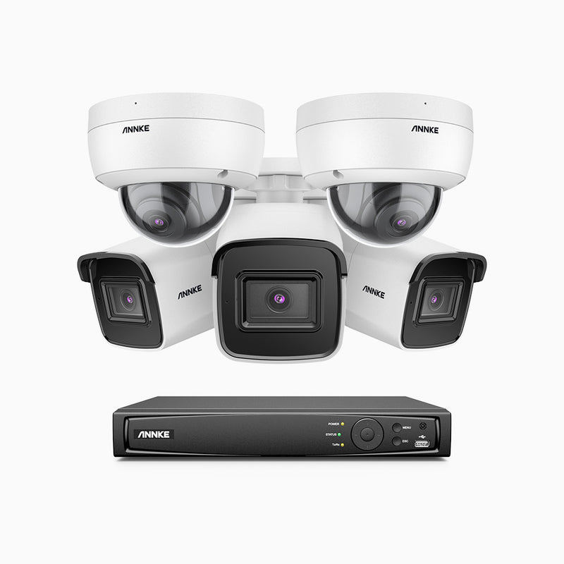 H800 - Kit de vigilancia PoE 4K con 3 cámaras bullet y 2 cámaras domo (antivándalica IK10) y videograbador NVR de 8 canales, detección de humanos y vehículos, micrófono integrado, visión nocturna EXIR 2.0, ángulo de visión 123º