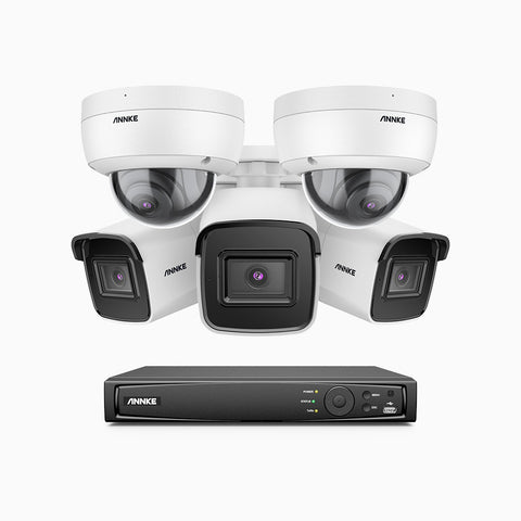 H800 - Kit de vigilancia PoE 4K con 3 cámaras bullet y 2 cámaras domo (antivándalica IK10) y videograbador NVR de 8 canales, Visión nocturna a color e infrarrojos, detección de humanos y vehículos, micrófono integrado, ángulo de visión 96º
