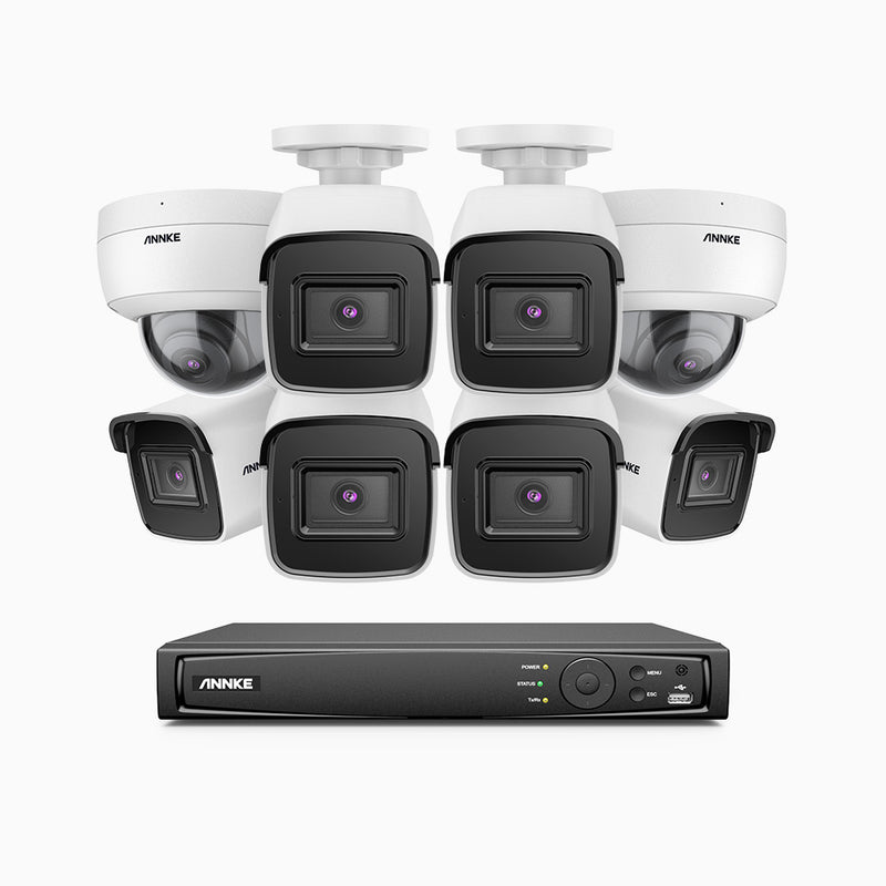 H800 - Kit de vigilancia PoE 4K con 6 cámaras bullet y 2 cámaras domo (antivándalica IK10) y videograbador NVR de 8 canales, detección de humanos y vehículos, micrófono integrado, visión nocturna EXIR 2.0, ángulo de visión 123º