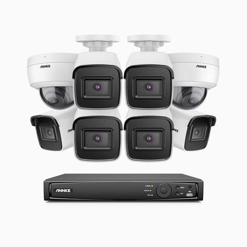 H800 - Kit de vigilancia PoE 4K con 6 cámaras bullet y 2 cámaras domo (antivándalica IK10) y videograbador NVR de 8 canales, Visión nocturna a color e infrarrojos, detección de humanos y vehículos, micrófono integrado, ángulo de visión 96º