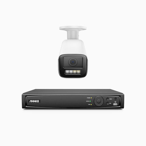 AZH800 - Kit de 1 cámaras de vigilancia PoE de 4K con videograbador NVR de 8 canales, zoom óptico 4X, doble luz visión nocturna, detección de movimiento 2.0, Micrófono incorporado, alarma de sirena y estroboscópica
