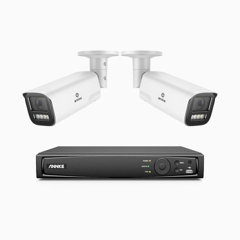 AZH800 - Kit de 2 cámaras de vigilancia PoE de 4K con videograbador NVR de 8 canales, zoom óptico 4X, doble luz visión nocturna, detección de movimiento 2.0, Micrófono incorporado, alarma de sirena y estroboscópica