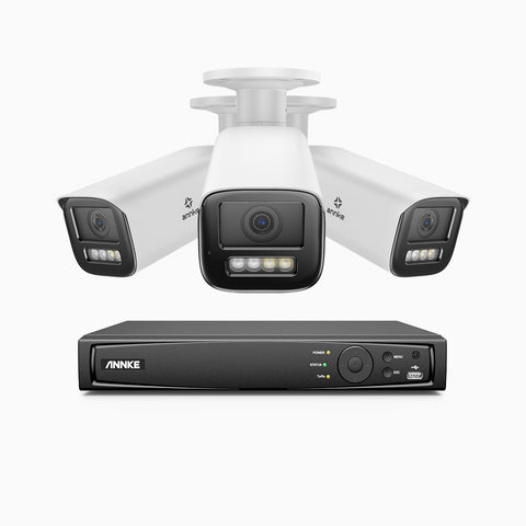 AZH800 - Kit de 3 cámaras de vigilancia PoE de 4K con videograbador NVR de 8 canales, zoom óptico 4X, doble luz visión nocturna, detección de movimiento 2.0, Micrófono incorporado, alarma de sirena y estroboscópica