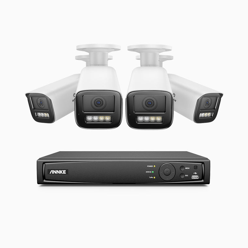 AZH800 - Kit de 4 cámaras de vigilancia PoE de 4K con videograbador NVR de 8 canales, zoom óptico 4X, doble luz visión nocturna, detección de movimiento 2.0, Micrófono incorporado, alarma de sirena y estroboscópica