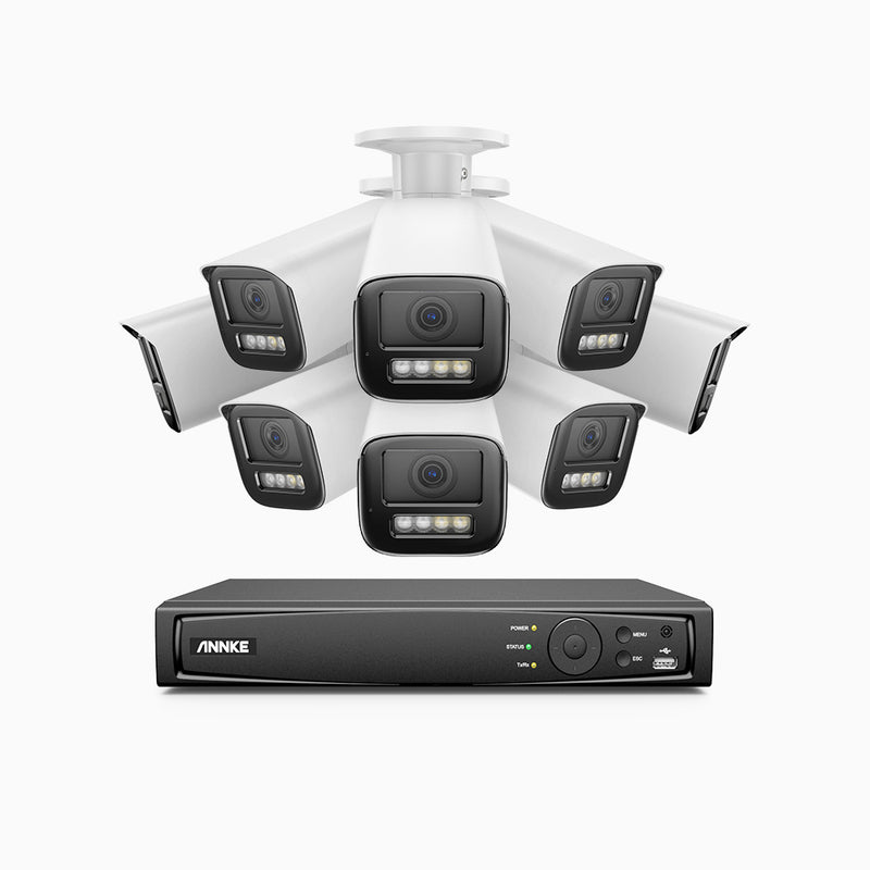 AZH800 - Kit de 8 cámaras de vigilancia PoE de 4K con videograbador NVR de 8 canales, zoom óptico 4X, doble luz visión nocturna, detección de movimiento 2.0, Micrófono incorporado, alarma de sirena y estroboscópica