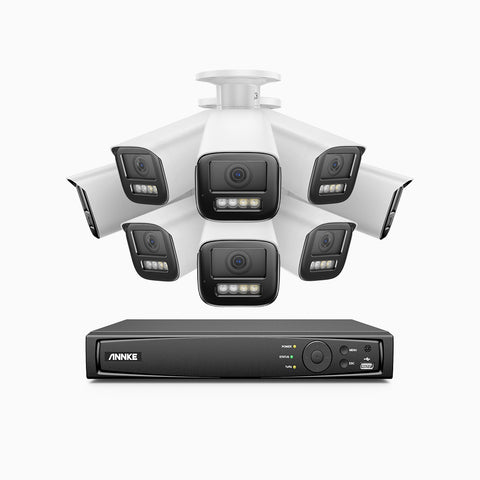 AZH800 - Kit de 8 cámaras de vigilancia PoE de 4K con videograbador NVR de 8 canales, zoom óptico 4X, doble luz visión nocturna, detección de movimiento 2.0, Micrófono incorporado, alarma de sirena y estroboscópica