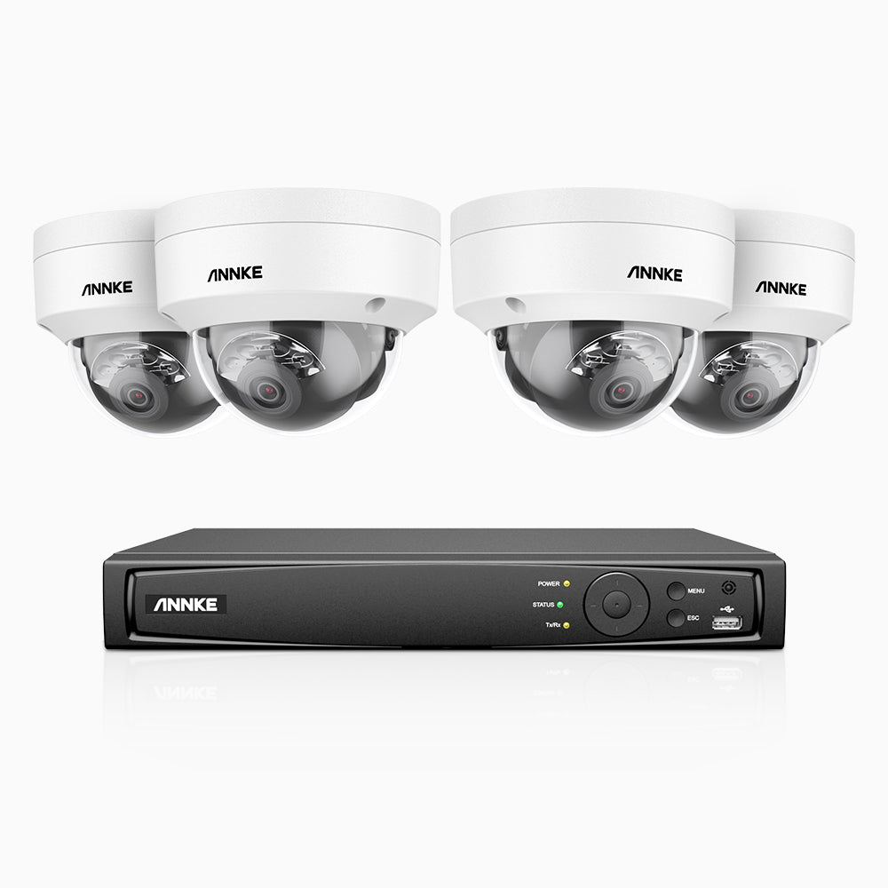 H1200 - Kit de 4 cámaras de vigilancia PoE exterior de 4K 12MP con grabador de 8 canales, EXIR Visión Nocturna, detección de humanos y vehículos, H.265+, micrófono incorporado, almacenamiento local máximo de 512 GB, IP67