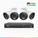 NightChroma<sup>TM</sup> NBRK800 - Kit de 4 cámaras de vigilancia PoE de 4K 12MP con videograbador NVR de 8 canales, luces intermitentes rojas y azules con sirena, 3840*2160@25 fps, detección de personas y vehículos, audio bidireccional, IP67