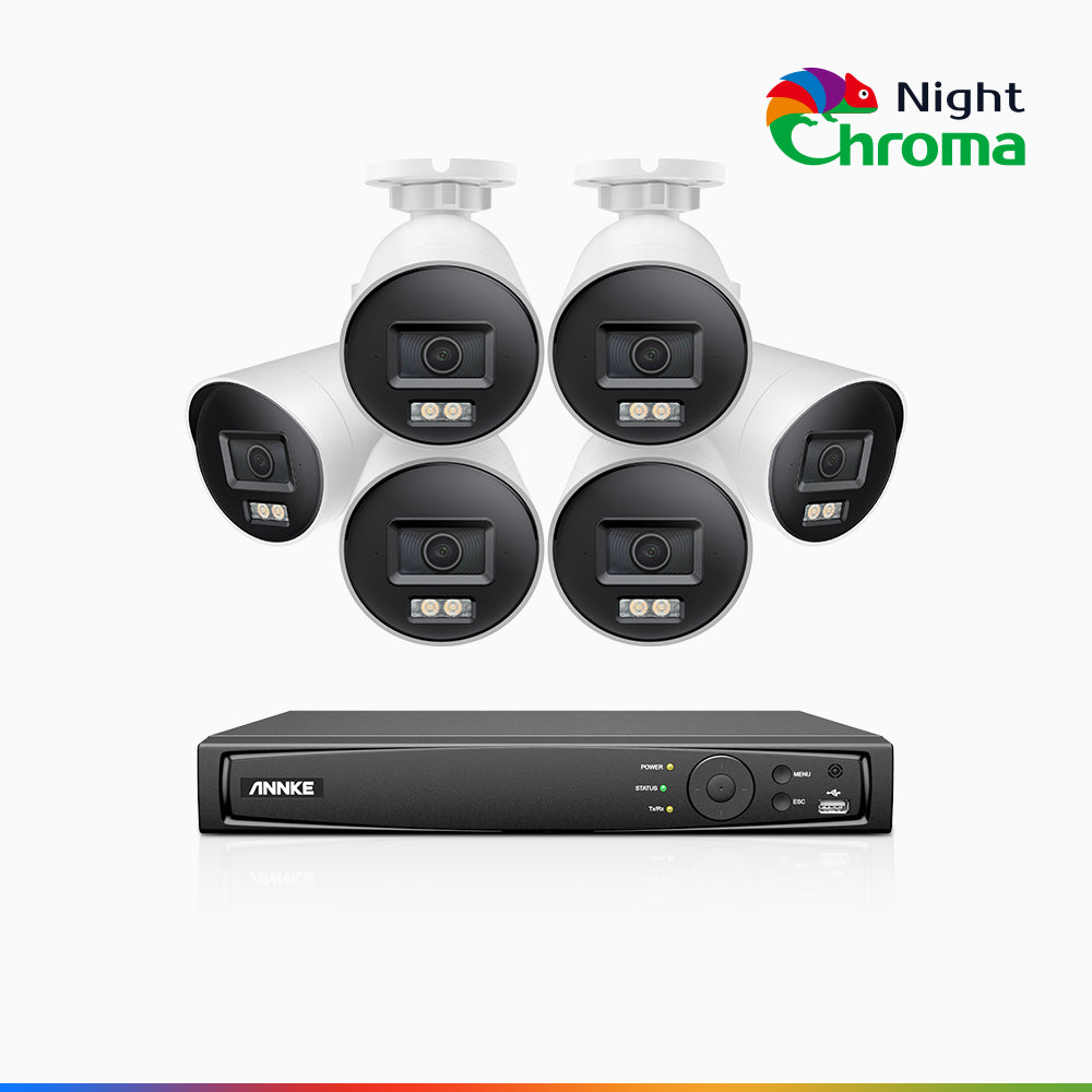 NightChroma<sup>TM</sup> NBRK800 - Kit de 6 cámaras de vigilancia PoE de 4K 12MP con videograbador NVR de 8 canales, luces intermitentes rojas y azules con sirena, 3840*2160@25 fps, detección de personas y vehículos, audio bidireccional, IP67