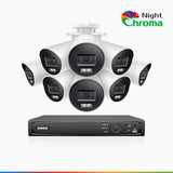 NightChroma<sup>TM</sup> NBRK800 - Kit de 8 cámaras de vigilancia PoE de 4K 12MP con videograbador NVR de 8 canales, luces intermitentes rojas y azules con sirena, 3840*2160@25 fps, detección de personas y vehículos, audio bidireccional, IP67