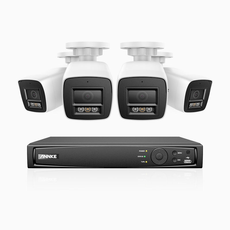 H800 - Kit de 4 cámaras de vigilancia PoE de 4K con videograbador NVR de 8 canales, Visión nocturna a color e infrarrojos, detección de humanos y vehículos, micrófono integrado, ángulo de visión 96º