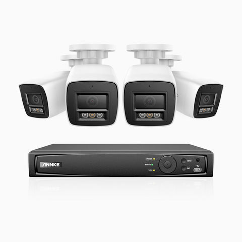 H1200 - Kit de 4 cámaras de vigilancia PoE exterior de 4K 12MP con grabador de 8 canales, EXIR Visión Nocturna, detección de humanos y vehículos, H.265+, micrófono incorporado, almacenamiento local máximo de 512 GB, IP67