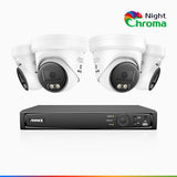 NightChroma<sup>TM</sup> NBRK800 - Kit de 4 cámaras de vigilancia PoE de 4K 12MP con videograbador NVR de 8 canales, luces intermitentes rojas y azules con sirena, 3840*2160@25 fps, detección de personas y vehículos, audio bidireccional, IP67