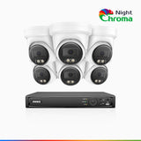 NightChroma<sup>TM</sup> NBRK800 - Kit de 6 cámaras de vigilancia PoE de 4K 12MP con videograbador NVR de 8 canales, luces intermitentes rojas y azules con sirena, 3840*2160@25 fps, detección de personas y vehículos, audio bidireccional, IP67