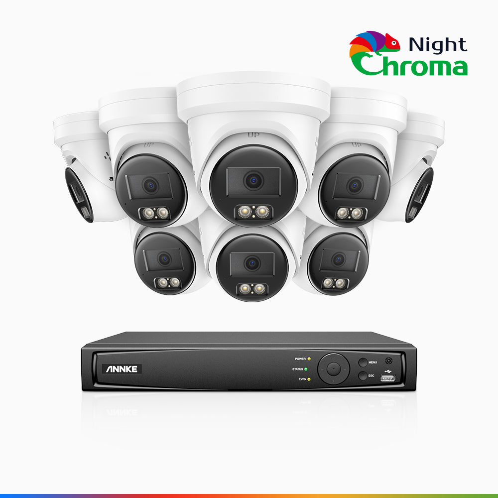 NightChroma<sup>TM</sup> NBRK800 - Kit de 8 cámaras de vigilancia PoE de 4K 12MP con videograbador NVR de 8 canales, luces intermitentes rojas y azules con sirena, 3840*2160@25 fps, detección de personas y vehículos, audio bidireccional, IP67