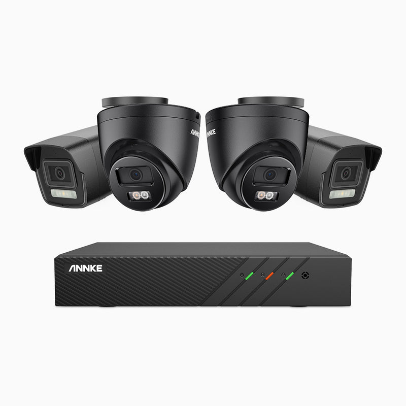 AH500 - Kit de vigilancia PoE de 3K con 2 cámara bullet y 2 cámara domo y videograbador NVR de 8 canales, Resolución 3072*1728, Apertura f / 1.6 (0.005 Lux), Detección de humanos y vehículos, Micrófono incorporado, IP67
