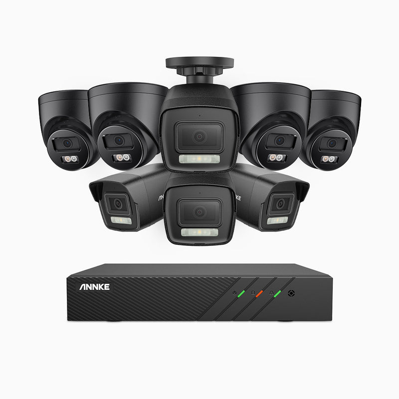 AH500 - Kit de vigilancia PoE de 3K con 4 cámara bullet y 4 cámara domo y videograbador NVR de 8 canales, Resolución 3072*1728, Apertura f / 1.6 (0.005 Lux), Detección de humanos y vehículos, Micrófono incorporado, IP67