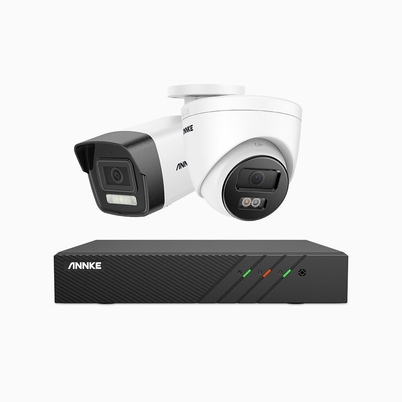 AH500 - Kit de vigilancia PoE de 3K con 1 cámara bullet y 1 cámara domo y videograbador NVR de 8 canales, Resolución 3072*1728, Apertura f / 1.6 (0.005 Lux), Detección de humanos y vehículos, Micrófono incorporado, IP67