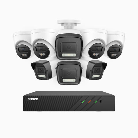 AH500 - Kit de vigilancia PoE de 3K con 4 cámara bullet y 4 cámara domo y videograbador NVR de 8 canales, Resolución 3072*1728, Apertura f / 1.6 (0.005 Lux), Detección de humanos y vehículos, Micrófono incorporado, IP67