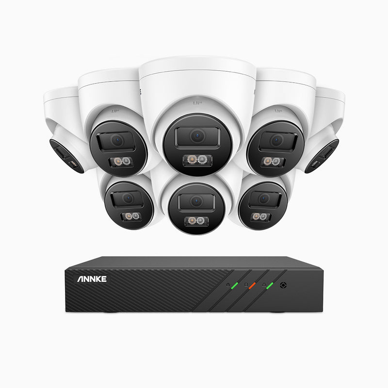 AH500 - Kit de 8 cámaras de vigilancia PoE de 3K con videograbador NVR de 8 canales, Resolución 3072*1728, Apertura f / 1.6 (0.005 Lux), Detección de humanos y vehículos, Micrófono incorporado, IP67