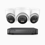 H800 - Kit de 3 cámaras de vigilancia PoE de 4K con videograbador NVR de 8 canales, Visión nocturna a color e infrarrojos, detección de humanos y vehículos, micrófono integrado, ángulo de visión 96º
