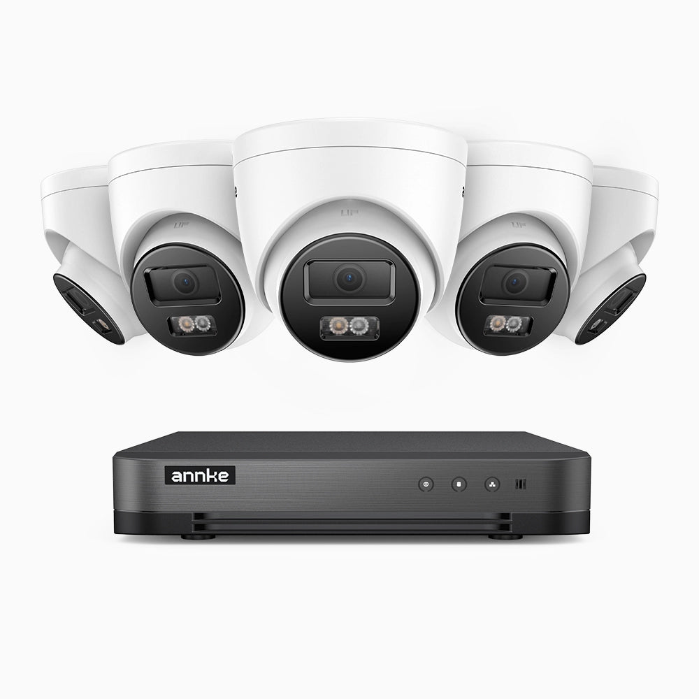H800 - Kit de 5 cámaras de vigilancia PoE de 4K con videograbador NVR de 8 canales, Visión nocturna a color e infrarrojos, detección de humanos y vehículos, micrófono integrado, ángulo de visión 96º