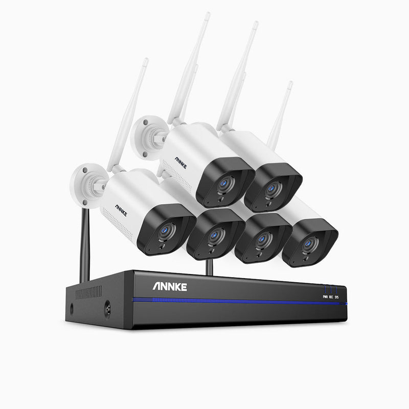 WS300 - Kit de 6 cámaras de vigilancia inalámbrico de 3MP con videograbador NVR de 8 canales, micrófono incorporado, reconocimiento humano, funciona con Alexa