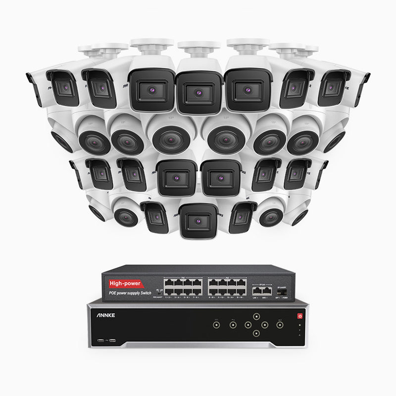 H800 - Kit de vigilancia PoE 4K con 20 cámaras bullet y 12 cámaras domo y videograbador NVR de 32 canales, detección de humanos y vehículos, micrófono integrado, visión nocturna EXIR 2.0, ángulo de visión 123º