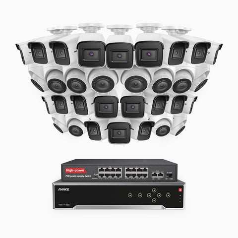 H800 - Kit de vigilancia PoE 4K con 20 cámaras bullet y 12 cámaras domo y videograbador NVR de 32 canales, Visión nocturna a color e infrarrojos, detección de humanos y vehículos, micrófono integrado, ángulo de visión 96º
